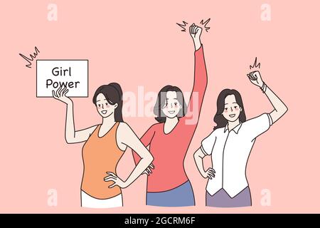 Girl power and feminism concept. Group of young smiling girls friends standing waving hands expressing power and strength vector illustration with sign  Stock Vector