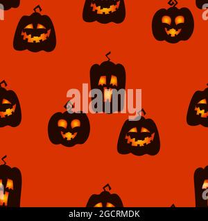Scary pumpkin faces seamless pattern. Glowing Lantern Jack holiday print design. Stock Vector