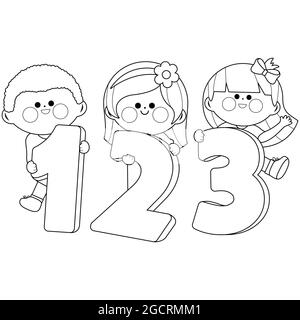 Boys and girls holding numbers 123. Black and white coloring page. Stock Photo