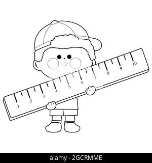 Little boy student holding a big ruler. Black and white coloring page. Stock Photo