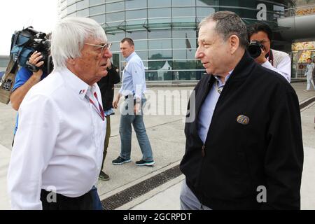 (L to R): Bernie Ecclestone (GBR) CEO Formula One Group (FOM) with Jean Todt (FRA) FIA President. Chinese Grand Prix, Saturday 14th April 2012. Shanghai, China. Stock Photo