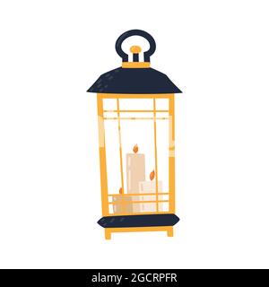 Beautiful old street lamp with candles. Classic portable candlestick. Autumn yard decor for Thanksgiving, Halloween, harvest day. Festive lighting Stock Vector