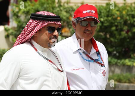 (L to R): Crown Prince Shaikh Salman bin Isa Hamad Al Khalifa (BRN) with Zayed Rashed Al Zayani (BRN) Chairman of Bharain International Circuit. Bahrain Grand Prix, Saturday 21st April 2012. Sakhir, Bahrain. Stock Photo