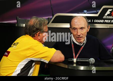 (L to R): Jean-Francois Caubet (FRA) Renault Sport F1 Managing Director and Frank Williams (GBR) Williams Team Owner in the FIA Press Conference. Monaco Grand Prix, Thursday 24th May 2012. Monte Carlo, Monaco. Stock Photo