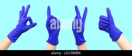 Set of medical rubber gloves with hand gestures banner, collage design with copy space photo Stock Photo