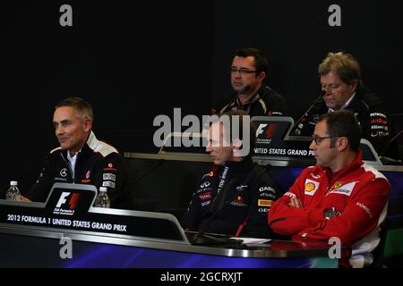 The FIA Press Conference (from back row (L to R)): Eric Boullier (FRA) Lotus F1 Team Principal; Norbert Haug (GER) Mercedes Sporting Director; Martin Whitmarsh (GBR) McLaren Chief Executive Officer; Christian Horner (GBR) Red Bull Racing Team Principal; Stefano Domenicali (ITA) Ferrari General Director. United States Grand Prix, Friday 16th November 2012. Circuit of the Americas, Austin, Texas, USA. Stock Photo