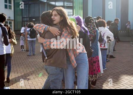 Students celebrate at Brampton Manor Academy in London, as they receive their A-Level results. Picture date: Tuesday August 10, 2021.