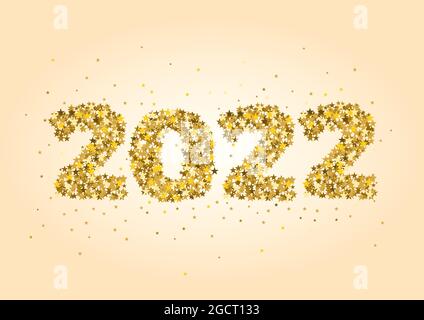 2022 Happy New Year celebrate card with holiday greetings and golden stars Stock Vector