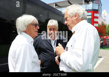 (L to R): Bernie Ecclestone (GBR) CEO Formula One Group (FOM) with Herbie Blash (GBR) FIA Delegate and Charlie Whiting (GBR) FIA Delegate. Spanish Grand Prix, Saturday 11th May 2013. Barcelona, Spain. Stock Photo