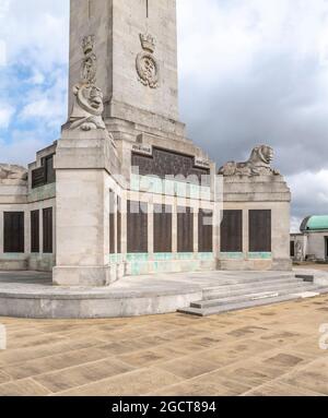 Chatham Naval Memorial is a semi circular stone park and large obelisk. Situated high above the Medway town of Chatham, Kent. Stock Photo