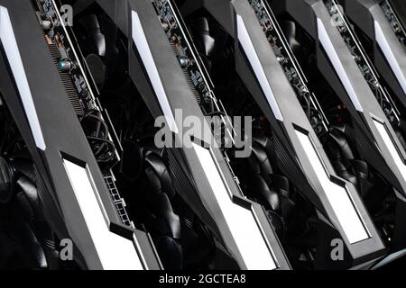 Video card with pattern. Gaming graphics card for video games and cryptocurrency mining. Game video card texture background. Electronic device, comput Stock Photo