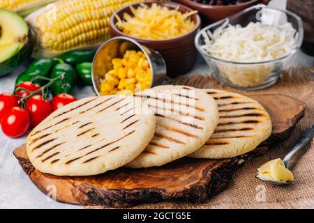 Arepas made with corn flour and cooked in a pan, it is similar to a corn tortilla Stock Photo