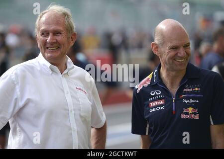 (L to R): Dr Helmut Marko (AUT) Red Bull Motorsport Consultant with Adrian Newey (GBR) Red Bull Racing Chief Technical Officer. Canadian Grand Prix, Sunday 8th June 2014. Montreal, Canada. Stock Photo