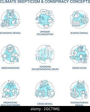 Climate skepticism and conspiracy blue concept icons set Stock Vector