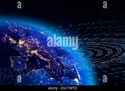 Binary data flow around Planet Earth, European city lights visible. Digital communication concept. Some elements of the image furnished by NASA. Stock Photo