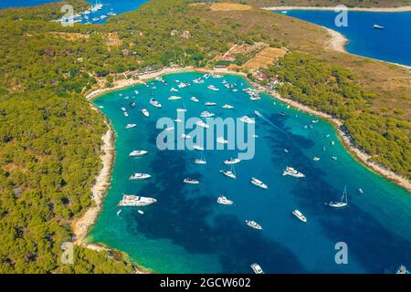 Aerial view of the bay with boats, Paklinski otoci islands in Hvar, Adriatic Sea in Croatia Stock Photo