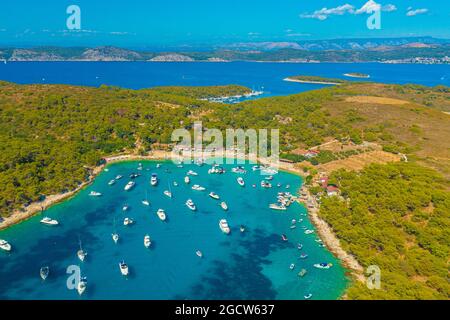 Aerial view of the bay with boats, Paklinski otoci islands in Hvar, Adriatic Sea in Croatia Stock Photo