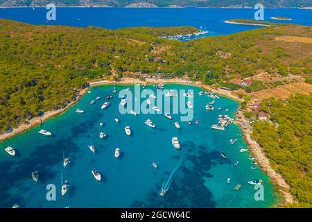 Aerial view of the bay with boats, Paklinski otoci islands in Hvar, Adriatic Sea in Croatia Stock Photo