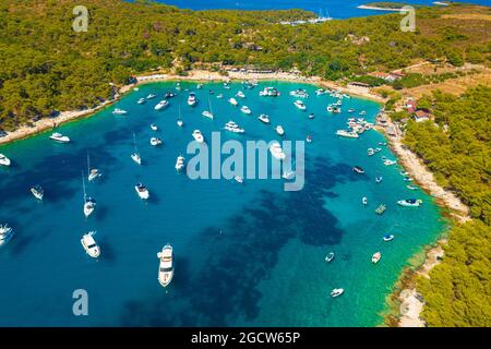 Aerial view of the bay with boats, Paklinski otoci islands in Hvar, Adriatic Sea in Croatia Stock Photo