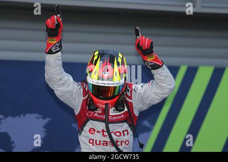 Race winner Benoit Treluyer (FRA) #07 Audi Sport Team Joest Audi R18 e-tron quattro Hybrid celebrates in parc ferme. FIA World Endurance Championship, Round 2, Saturday 2nd May 2015. Spa-Francorchamps, Belgium. Stock Photo