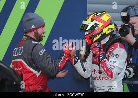 Race winner Benoit Treluyer (FRA) #07 Audi Sport Team Joest Audi R18 e-tron quattro Hybrid celebrates in parc ferme. FIA World Endurance Championship, Round 2, Saturday 2nd May 2015. Spa-Francorchamps, Belgium. Stock Photo