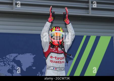 Race winner Benoit Treluyer (FRA) #07 Audi Sport Team Joest Audi R18 e-tron quattro Hybrid celebrates in parc ferme. FIA World Endurance Championship, Round 2, Saturday 2nd May 2015. Spa-Francorchamps, Belgium. Stock Photo