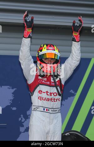 Race winner Benoit Treluyer (FRA) #07 Audi Sport Team Joest Audi R18 e-tron quattro Hybrid celebrates in parc ferme. FIA World Endurance Championship, Round 2, Saturday 2nd May 2015. Spa-Francorchamps, Belgium. Stock Photo