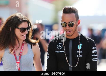 (L to R): Cyndie Allemann (SUI) Racing Driver, with Lewis Hamilton (GBR) Mercedes AMG F1. Monaco Grand Prix, Wednesday 20th May 2015. Monte Carlo, Monaco. Stock Photo