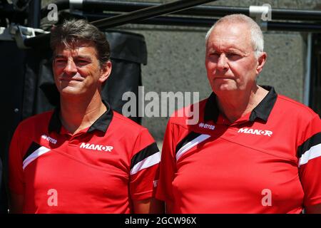 (L to R): Graeme Lowdon (GBR) Manor Marussia F1 Team Chief Executive Officer with John Booth (GBR) Manor Marussia F1 Team Team Principal. Canadian Grand Prix, Thursday 4th June 2015. Montreal, Canada. Stock Photo