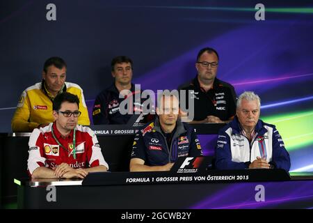 The FIA Press Conference (From back row (L to R)):Rob White (GBR) Renault Sport Deputy Managing Director (Technical); James Key (GBR) Scuderia Toro Rosso Technical Director; Tom McCullough (GBR) Sahara Force India F1 Team Chief Engineer; Mattia Binotto (ITA) Ferrari Race Engine Manager; Paul Monaghan (GBR) Red Bull Racing Chief Engineer; Pat Symonds (GBR) Williams Chief Technical Officer. British Grand Prix, Friday 3rd July 2015. Silverstone, England. Stock Photo