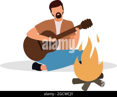 Bearded man playing guitar at campfire semi flat color vector character Stock Vector