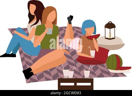 Female friends enjoying outdoor picnic semi flat color vector characters Stock Vector