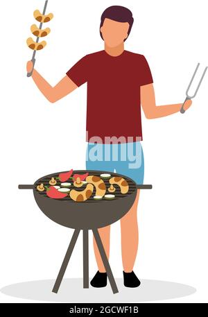 Guy arranging backyard barbecue semi flat color vector character Stock Vector