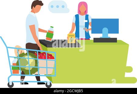 Supermarket checkout semi flat color vector characters Stock Vector