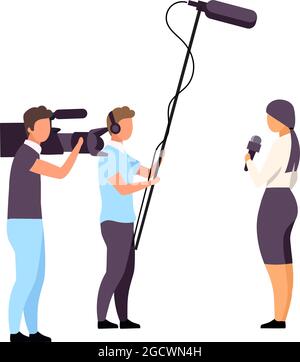 Female correspondent with camera crew with semi flat color vector characters Stock Vector