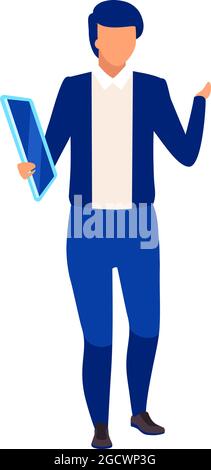 Male television presenter with tablet semi flat color vector character Stock Vector