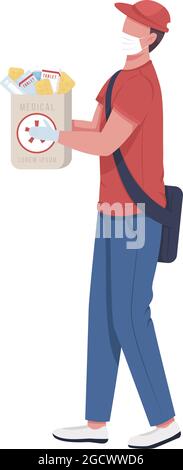 Delivery person with medicine package semi flat color vector character Stock Vector