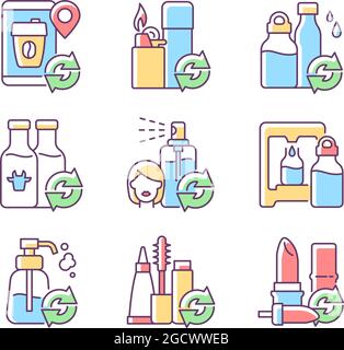 Refillable products RGB color icons set Stock Vector