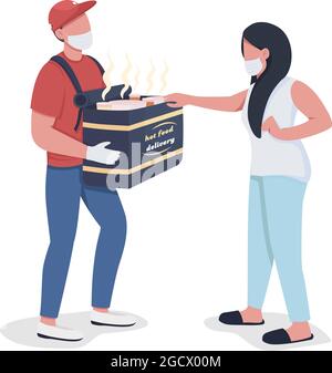 Courier delivering hot meals to client semi flat color vector characters Stock Vector