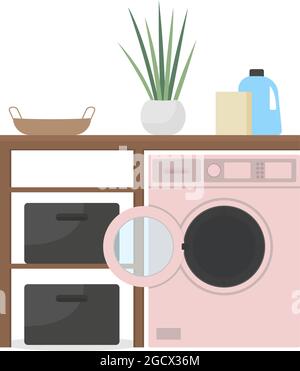 Washing machine in bathroom semi flat color vector object Stock Vector