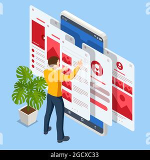 Isometric SEO analytics team concept. Website pages development. Contents creation specialist and article writers. Writing service, IT specialists Stock Vector