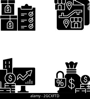 Company stocks and franchising black glyph icons set on white space Stock Vector