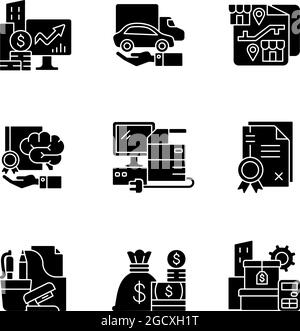 Office supplies and technical equipment black glyph icons set on white space Stock Vector