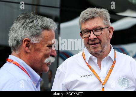 (L to R): Chase Carey (USA) Formula One Group Chairman with Ross Brawn (GBR) Managing Director, Motor Sports. Austrian Grand Prix, Saturday 8th July 2017. Spielberg, Austria. Stock Photo