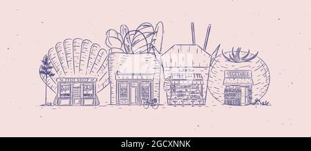 Set of storefronts fish shop, bakery, asian food, bakery drawing with blue color Stock Vector