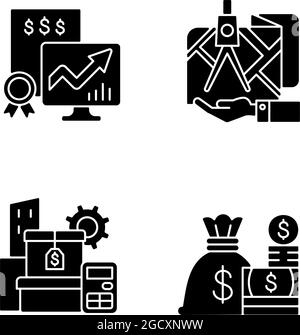 Assets management black glyph icons set on white space Stock Vector