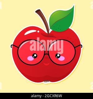 Smart, nerd Red apple with eyeglasses - kawaii illustration design. Good for clothes, gift sets, photos or motivation posters. Intelligent red apple w Stock Vector