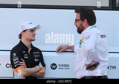 (L to R): Lucas Auer (AUT) Sahara Force India F1 Team Test Driver with Gwen Lagrue, Head of Mercedes AMG Driver Development. Formula One Testing. Wednesday 2nd August 2017. Budapest, Hungary. Stock Photo