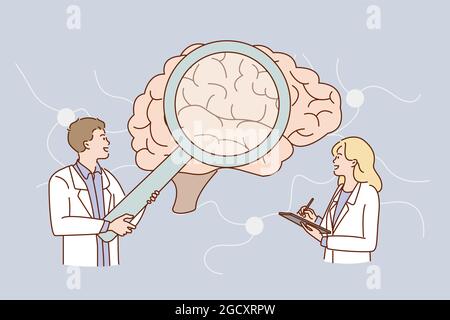 Research of human brain concept. Young man and woman doctors scientists standing looking at huge human brain making notes together vector illustration  Stock Vector