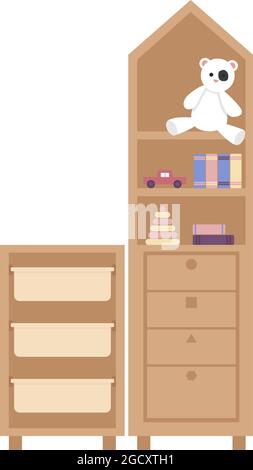 Bookshelf with toys and books semi flat color vector object Stock Vector